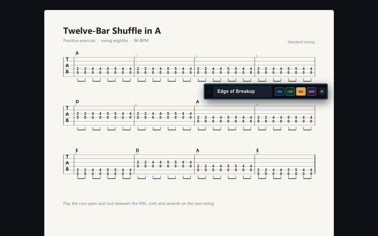 The Jam Rig floating bar with the preset and scene buttons, over a guitar tab sheet