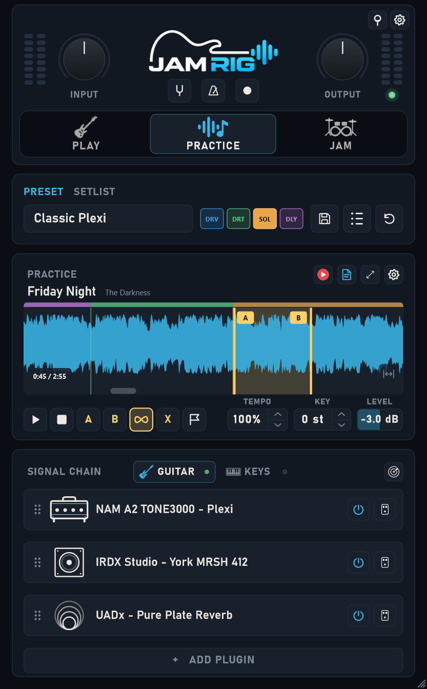 Jam Rig Practice view with a saved song, A/B loop, and a guitar chain containing a NAM A2 plugin, IR loader, and reverb