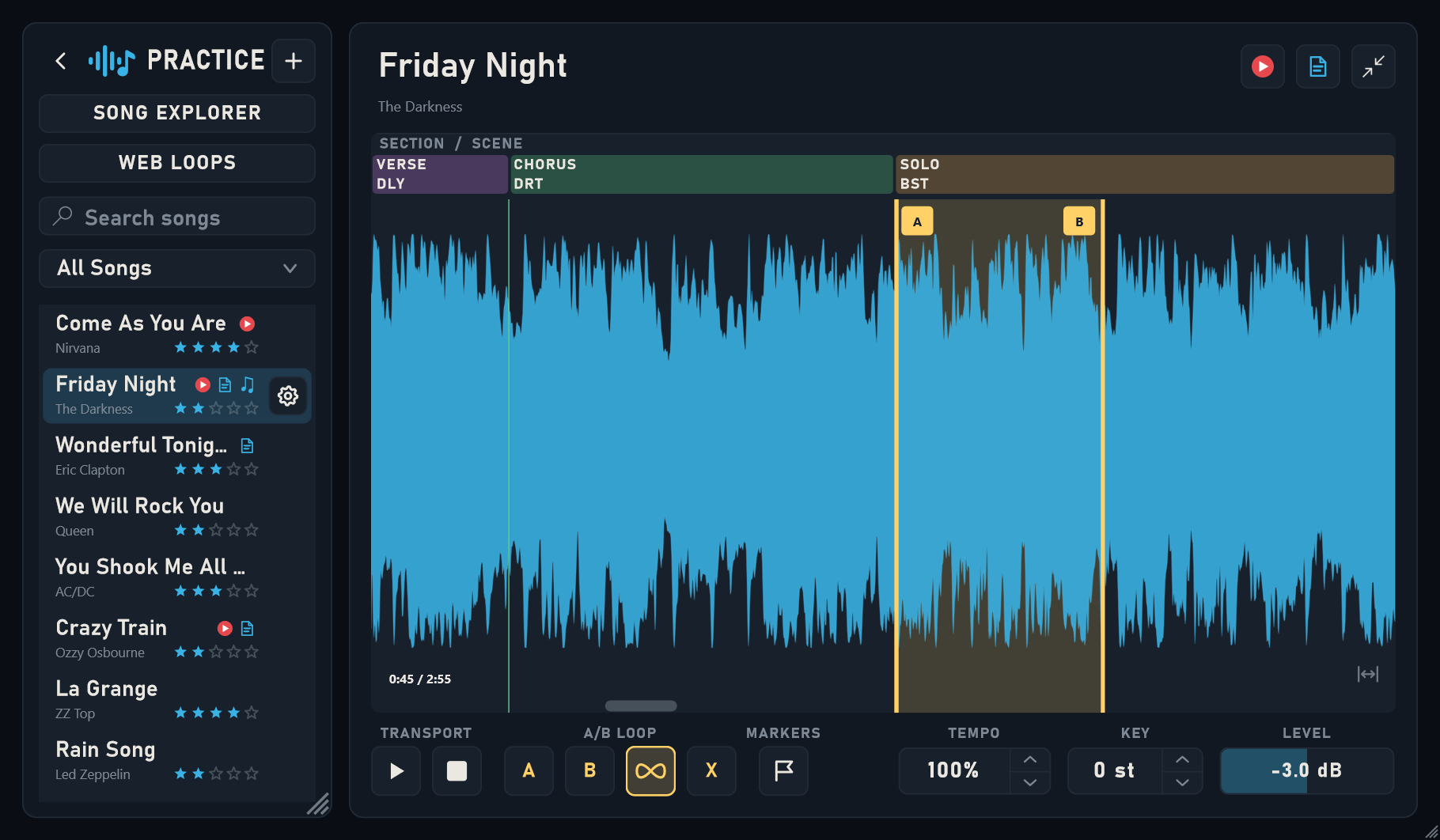 Jam Rig Practice window showing a song library, backing-track waveform, song sections, and A and B markers around a passage