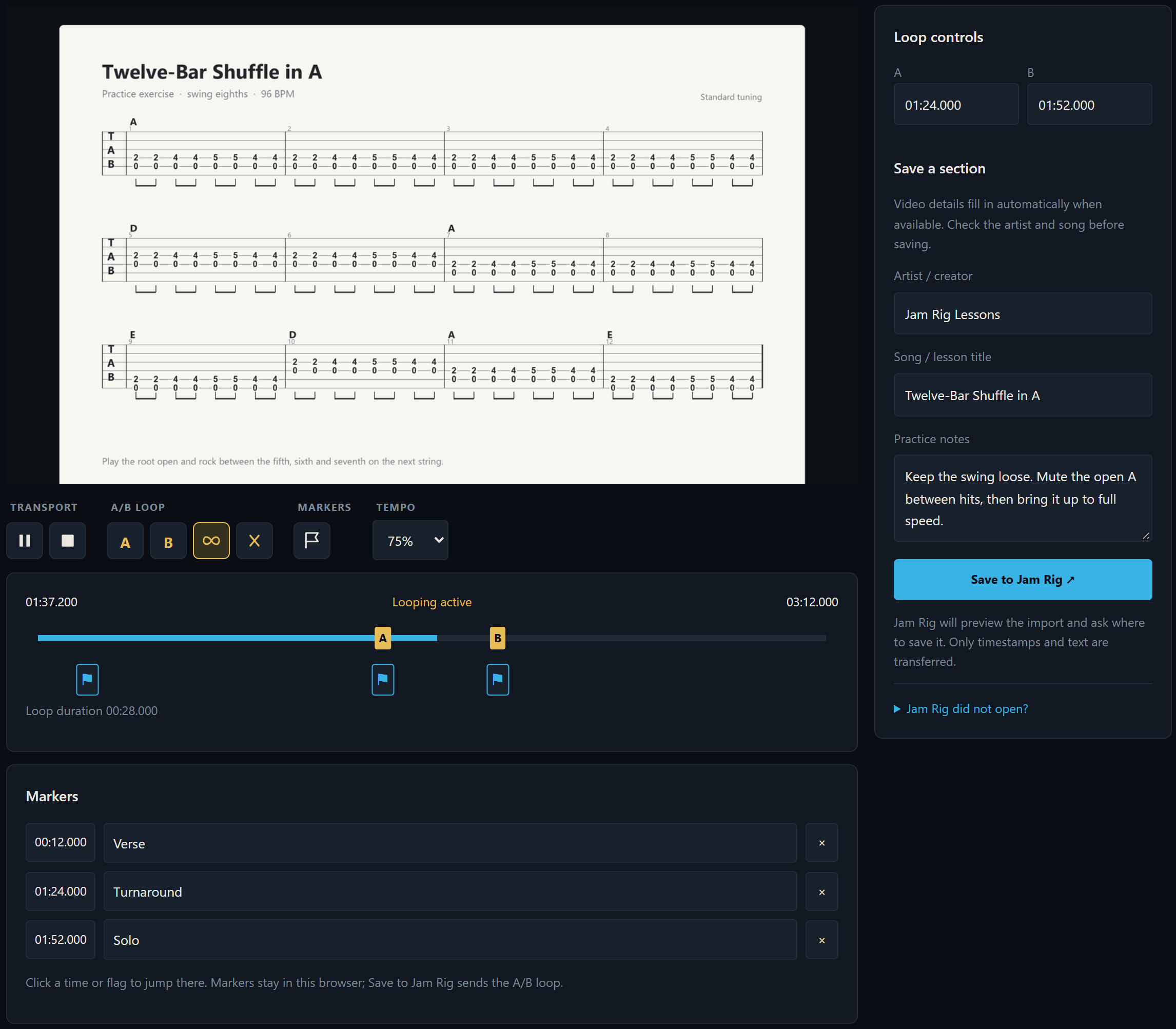The Web Looper in a browser: a guitar lesson with an A/B loop on the turnaround at 0.75 speed, named song markers, and the artist, title, and practice notes filled in
